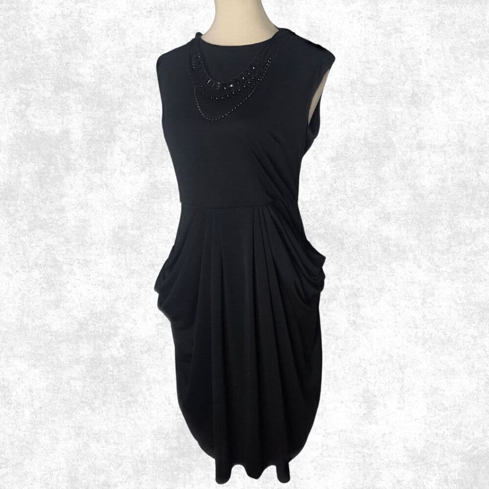 BCBGMAXAZRIA Black Draped Sheath Dress – M | Beaded Collar + Pockets | Luxe Glam - Thumbnail 6