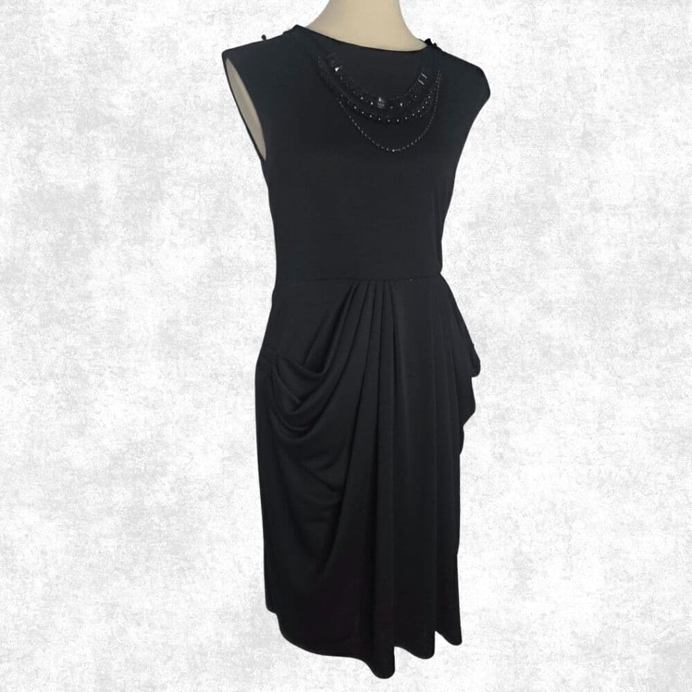 BCBGMAXAZRIA Black Draped Sheath Dress – M | Beaded Collar + Pockets | Luxe Glam - Thumbnail 4