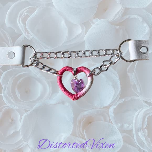 Pink & White Heart Choker Wrapped Fiber Heart with Crystal Charm - Thumbnail 10
