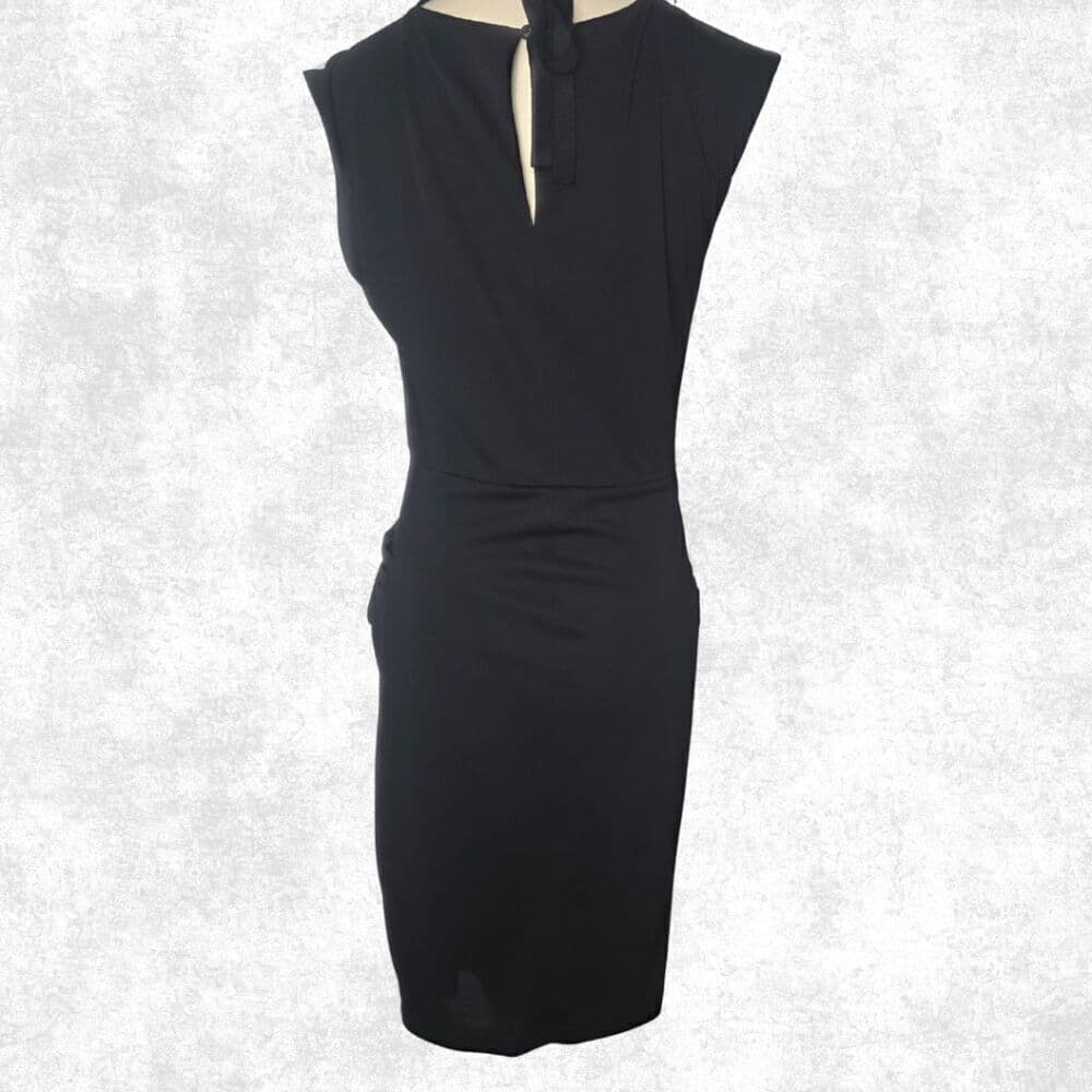 BCBGMAXAZRIA Black Draped Sheath Dress – M | Beaded Collar + Pockets | Luxe Glam - Thumbnail 5