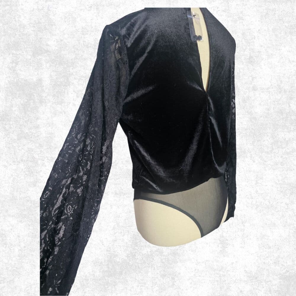 Jealous Tomato Black Velvet Lace Sleeve Bodysuit – Goth Glam Keyhole Back S - Thumbnail 6