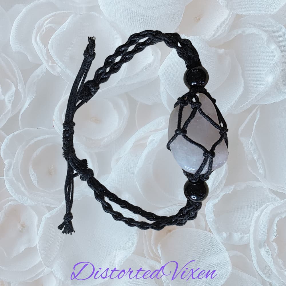 Rose Quartz Macramé Bracelet – Adjustable Crystal Jewelry, Witchy Handmade - Thumbnail 2