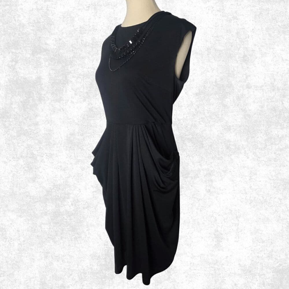BCBGMAXAZRIA Black Draped Sheath Dress – M | Beaded Collar + Pockets | Luxe Glam - Thumbnail 9