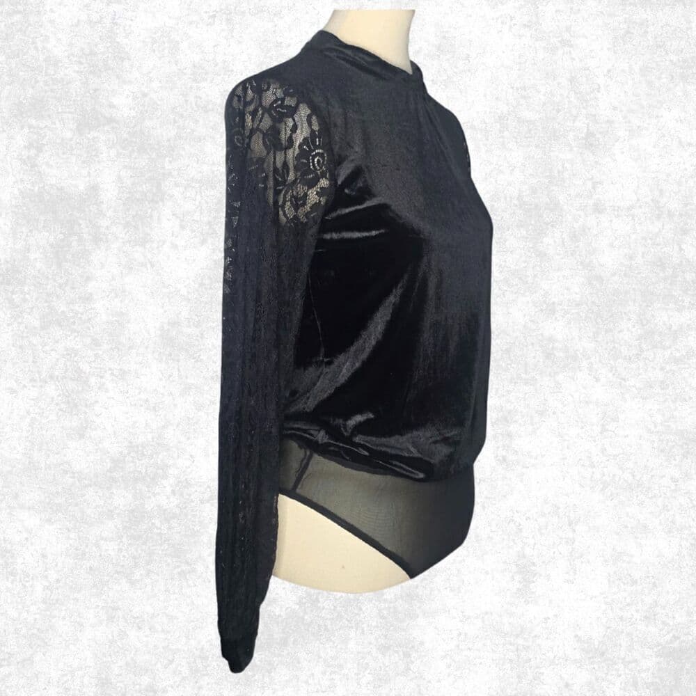 Jealous Tomato Black Velvet Lace Sleeve Bodysuit – Goth Glam Keyhole Back S - Thumbnail 4