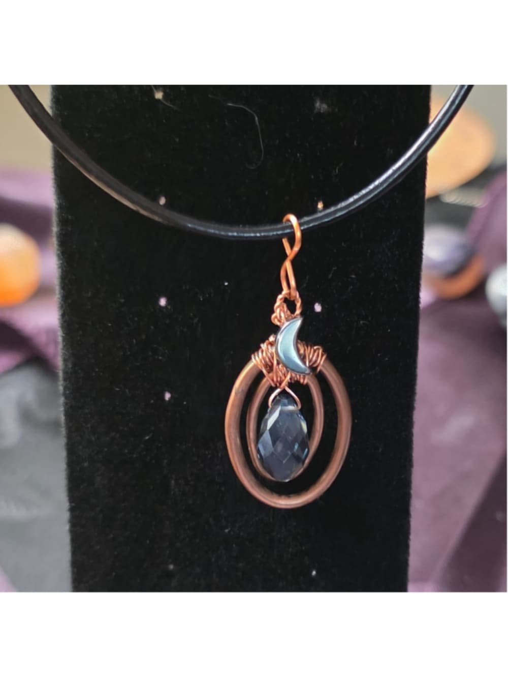 Handmade Copper Wire Wrapped Crystal Moon Pendant Black Leather Cord Necklace - Thumbnail 5