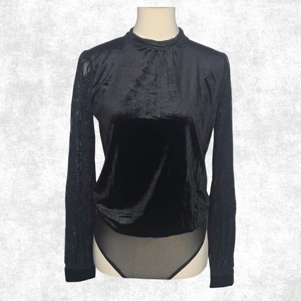 Jealous Tomato Black Velvet Lace Sleeve Bodysuit – Goth Glam Keyhole Back S - Thumbnail 7