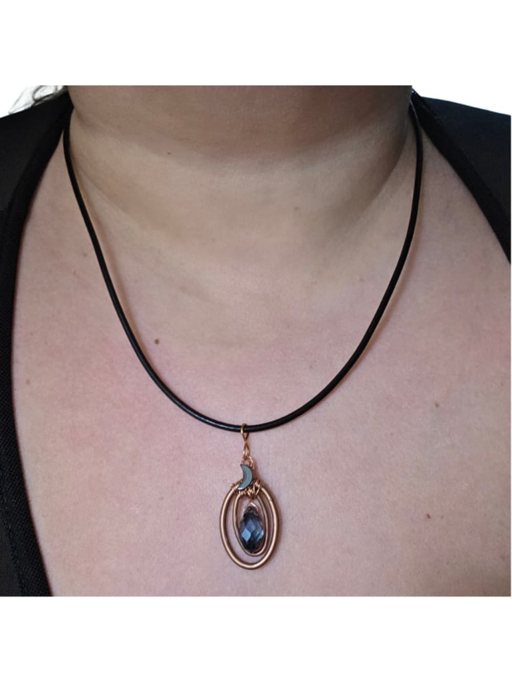 Handmade Copper Wire Wrapped Crystal Moon Pendant Black Leather Cord Necklace - Thumbnail 6