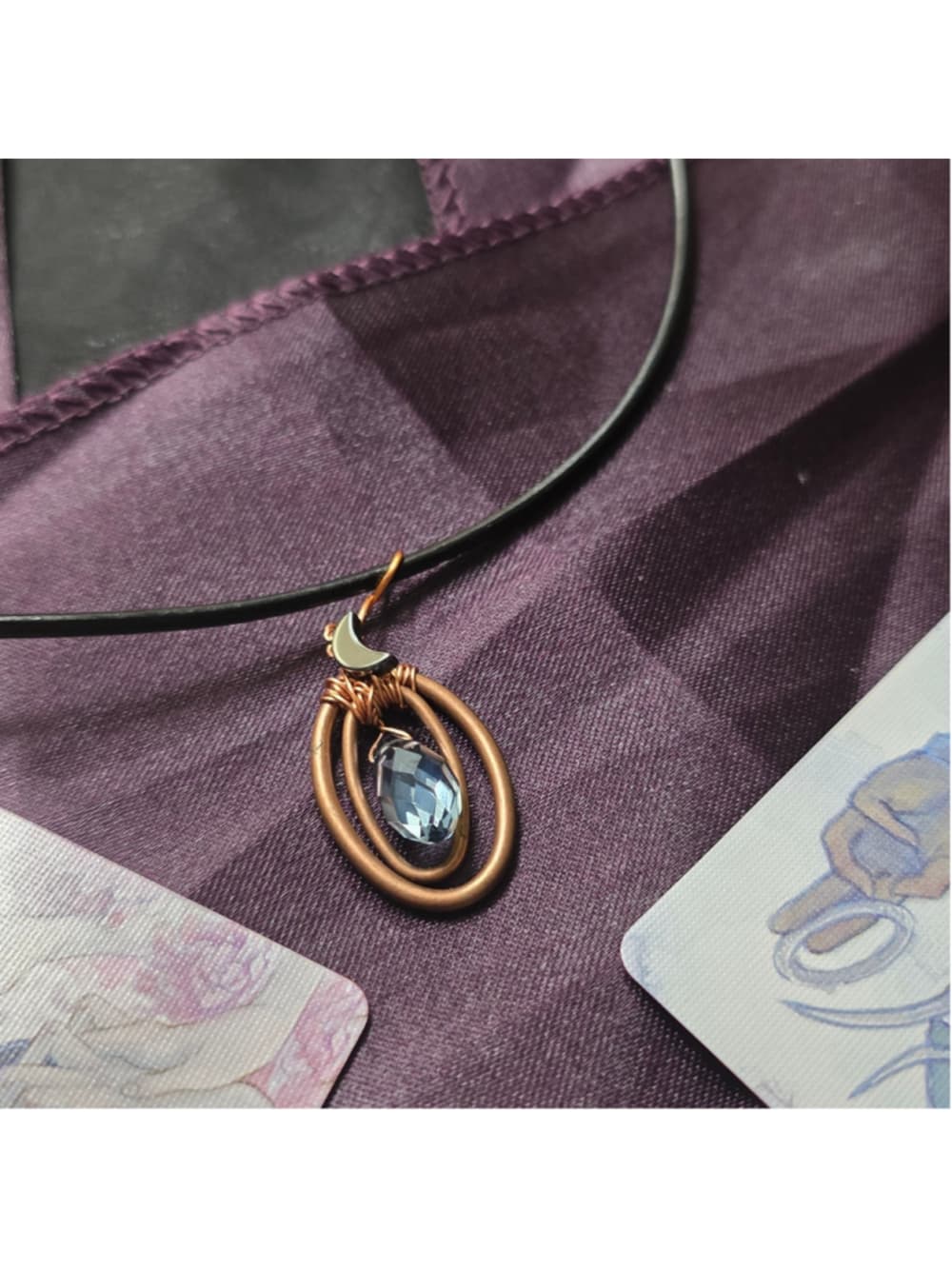 Handmade Copper Wire Wrapped Crystal Moon Pendant Black Leather Cord Necklace - Thumbnail 2