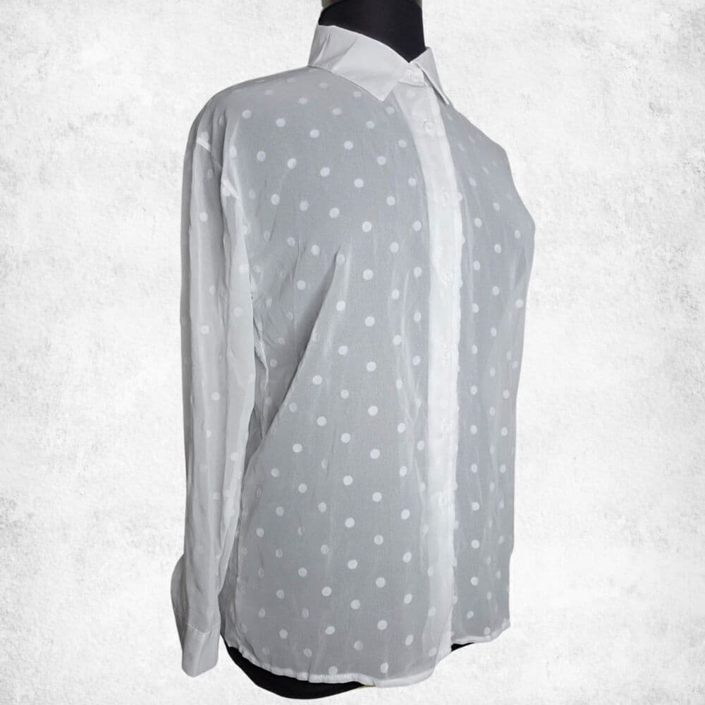 White Polka Dot Button Down Blouse 2XL – Sheer Lightweight Long Sleeve Top - Thumbnail 2
