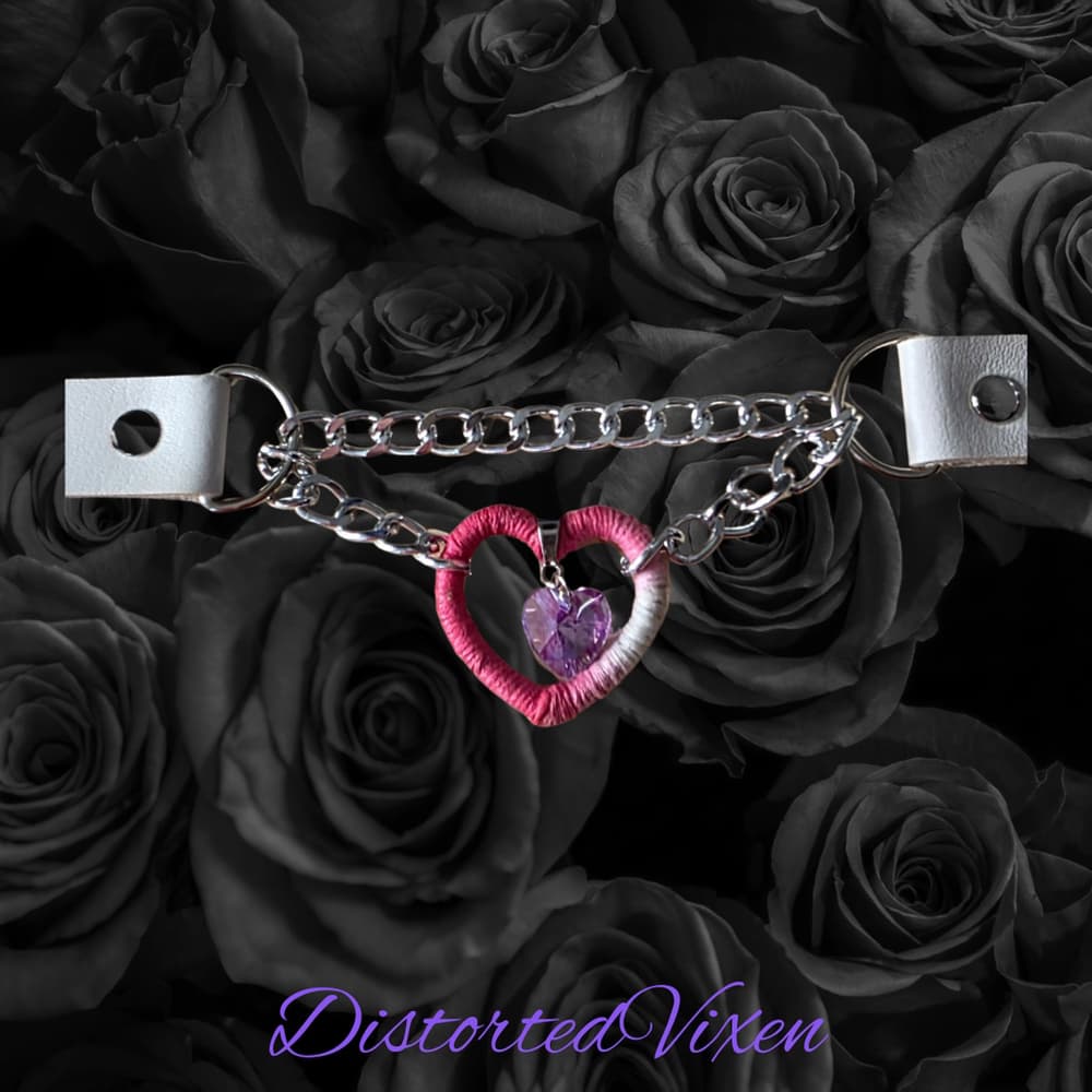 Pink & White Heart Choker Wrapped Fiber Heart with Crystal Charm - Thumbnail 6