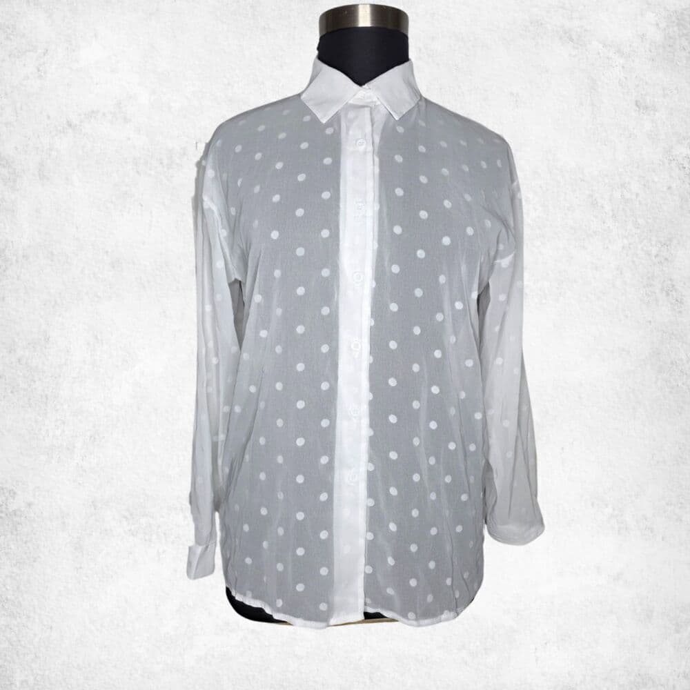White Polka Dot Button Down Blouse 2XL – Sheer Lightweight Long Sleeve Top - Thumbnail 7