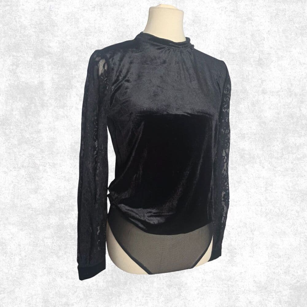 Jealous Tomato Black Velvet Lace Sleeve Bodysuit – Goth Glam Keyhole Back S - Thumbnail 5