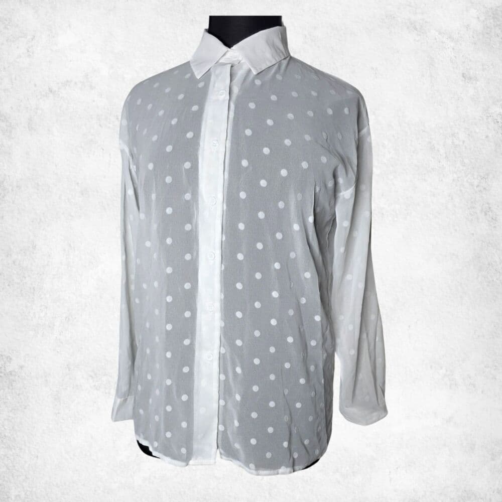 White Polka Dot Button Down Blouse 2XL – Sheer Lightweight Long Sleeve Top