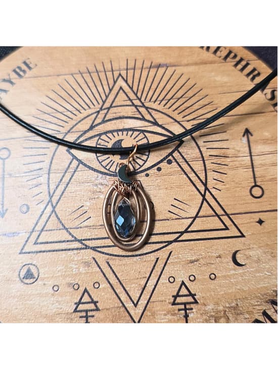 Handmade Copper Wire Wrapped Crystal Moon Pendant Black Leather Cord Necklace - Thumbnail 8