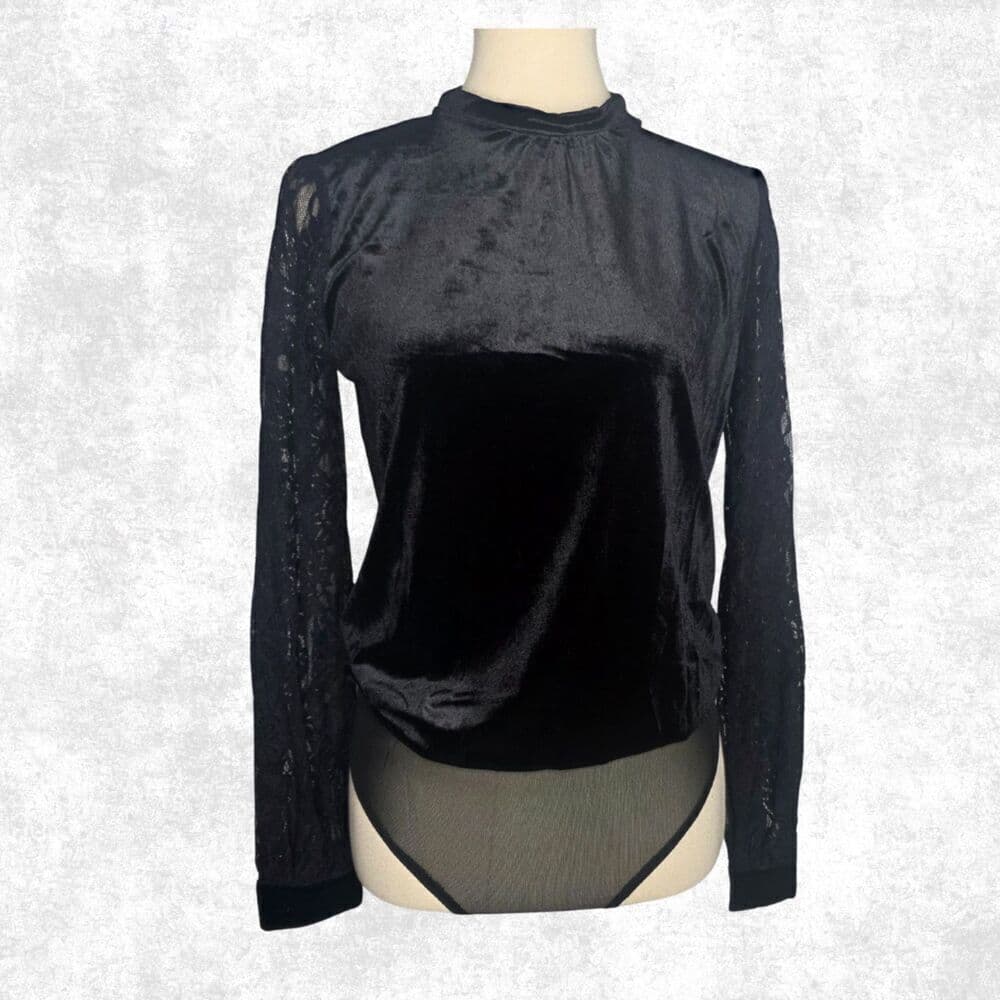 Jealous Tomato Black Velvet Lace Sleeve Bodysuit – Goth Glam Keyhole Back S - Thumbnail 3