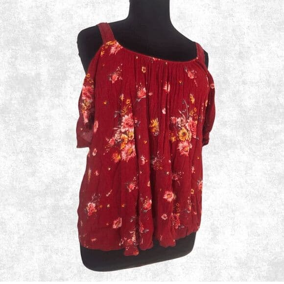 Torrid Red Floral Cold Shoulder Top – Plus Size 1 (14–16) | Boho Gauze Blouse - Thumbnail 7