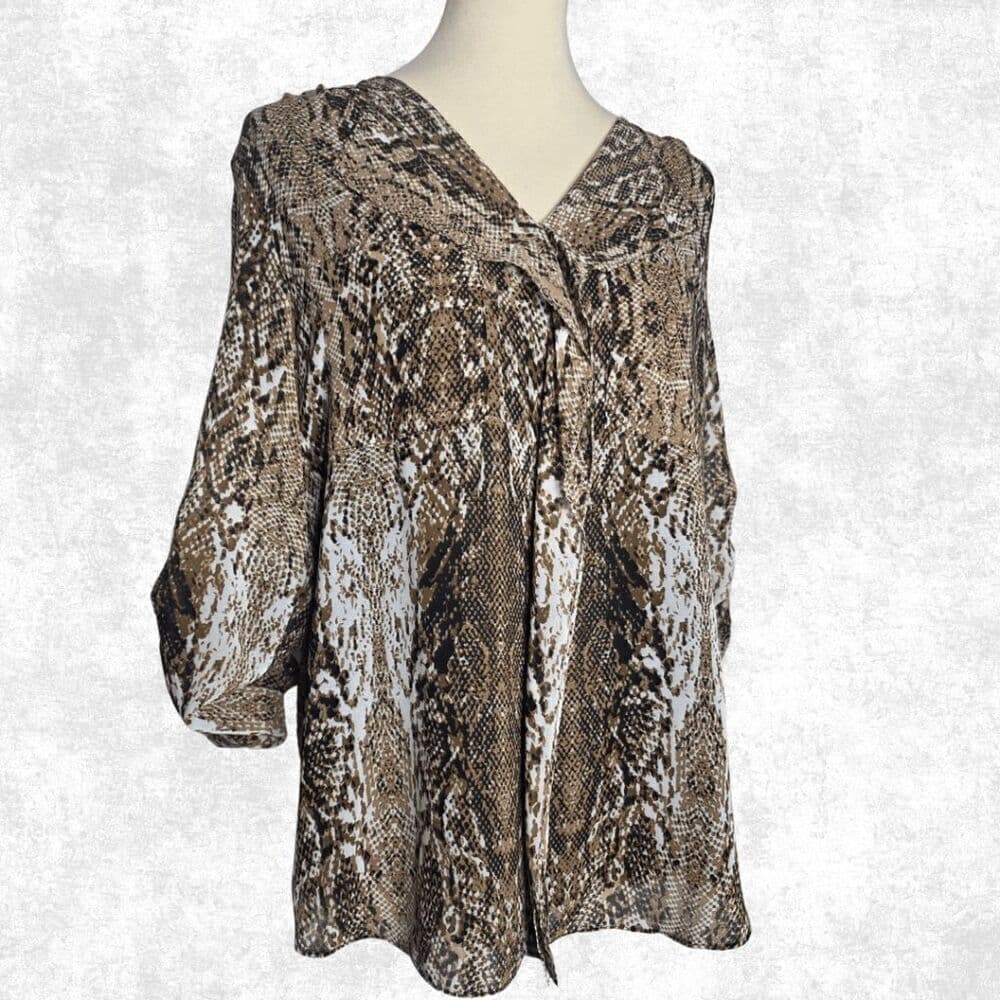 Calvin Klein Snakeskin Blouse – Size L – Animal Print Tie-Neck Top - Thumbnail 2