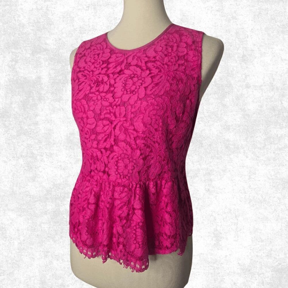 J.Crew Hot Pink Lace Peplum Blouse Women’s 8P Petite Floral Sleeveless Top - Thumbnail 3