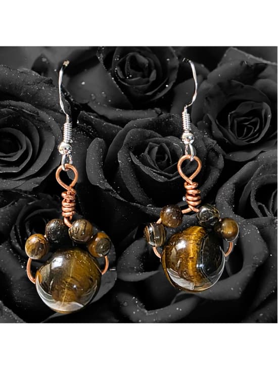 Tiger’s Eye Cat Paw Earrings, Wire Wrapped Copper Jewelry, Sterling Silver Hooks - Thumbnail 7