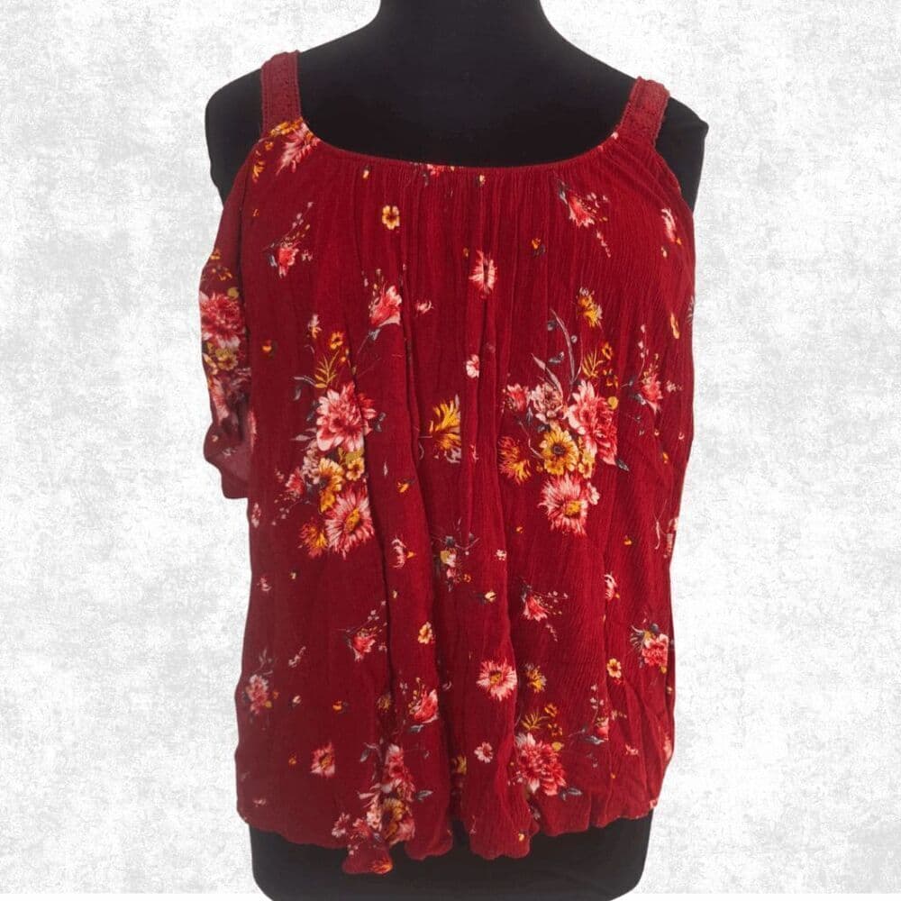 Torrid Red Floral Cold Shoulder Top – Plus Size 1 (14–16) | Boho Gauze Blouse - Thumbnail 5