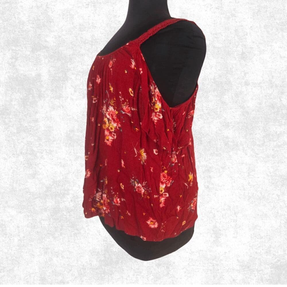 Torrid Red Floral Cold Shoulder Top – Plus Size 1 (14–16) | Boho Gauze Blouse - Thumbnail 3