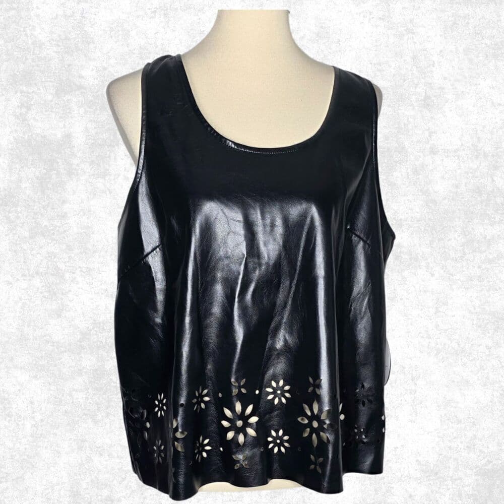 Scoop Faux Leather Laser Cut Tank Top – Black XL (16–18) - Thumbnail 6