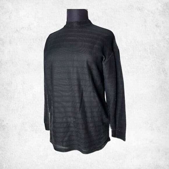 Le Monde Collection Black Metallic Lurex Top XL Vintage Long Sleeve Shimmer - Thumbnail 8
