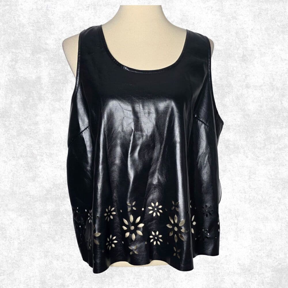 Scoop Faux Leather Laser Cut Tank Top – Black XL (16–18) - Thumbnail 3