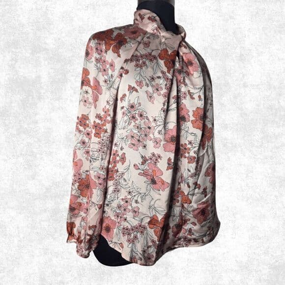 Liz Claiborne Floral Bow Neck Blouse – XL – Long Sleeve Blush Pink Top - Thumbnail 7