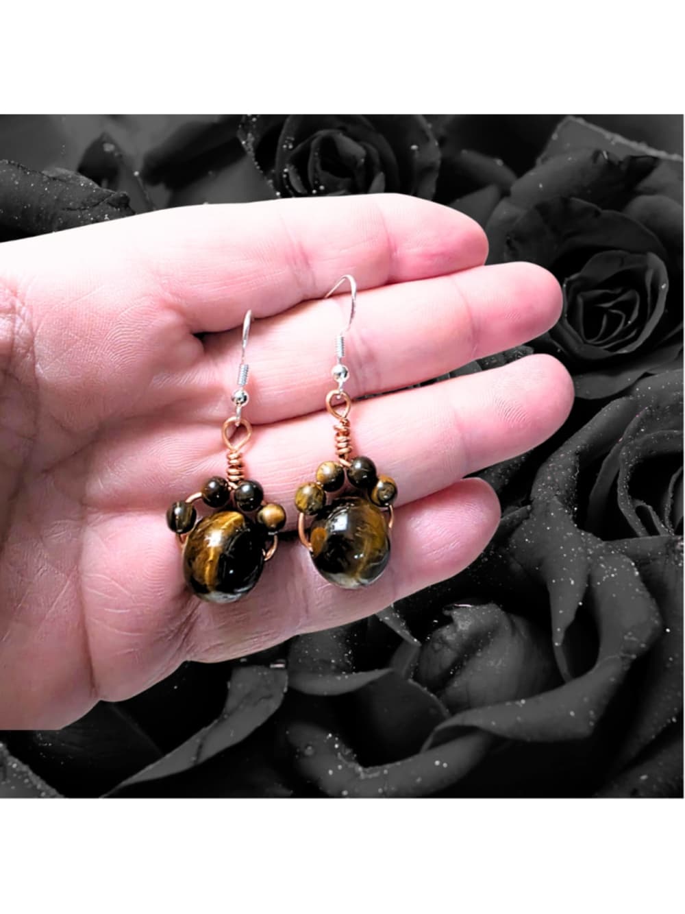 Tiger’s Eye Cat Paw Earrings, Wire Wrapped Copper Jewelry, Sterling Silver Hooks