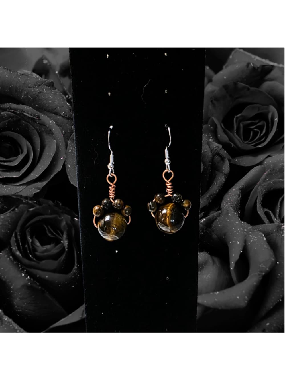 Tiger’s Eye Cat Paw Earrings, Wire Wrapped Copper Jewelry, Sterling Silver Hooks - Thumbnail 5