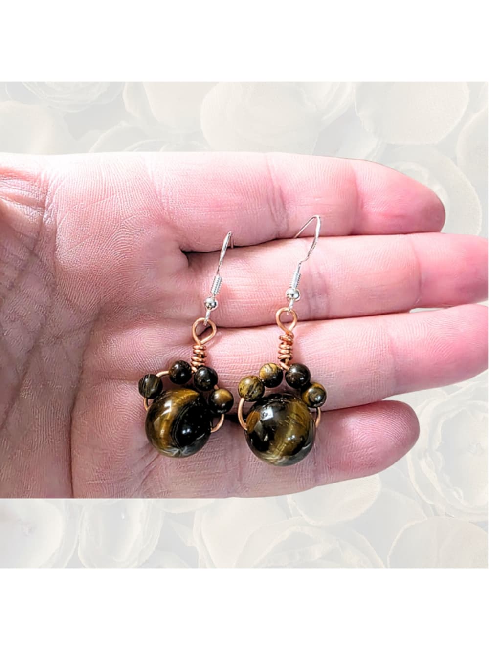 Tiger’s Eye Cat Paw Earrings, Wire Wrapped Copper Jewelry, Sterling Silver Hooks - Thumbnail 2