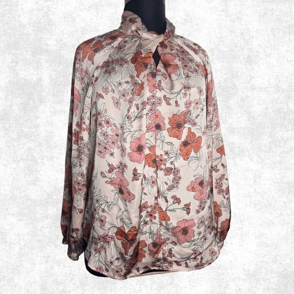 Liz Claiborne Floral Bow Neck Blouse – XL – Long Sleeve Blush Pink Top - Thumbnail 4