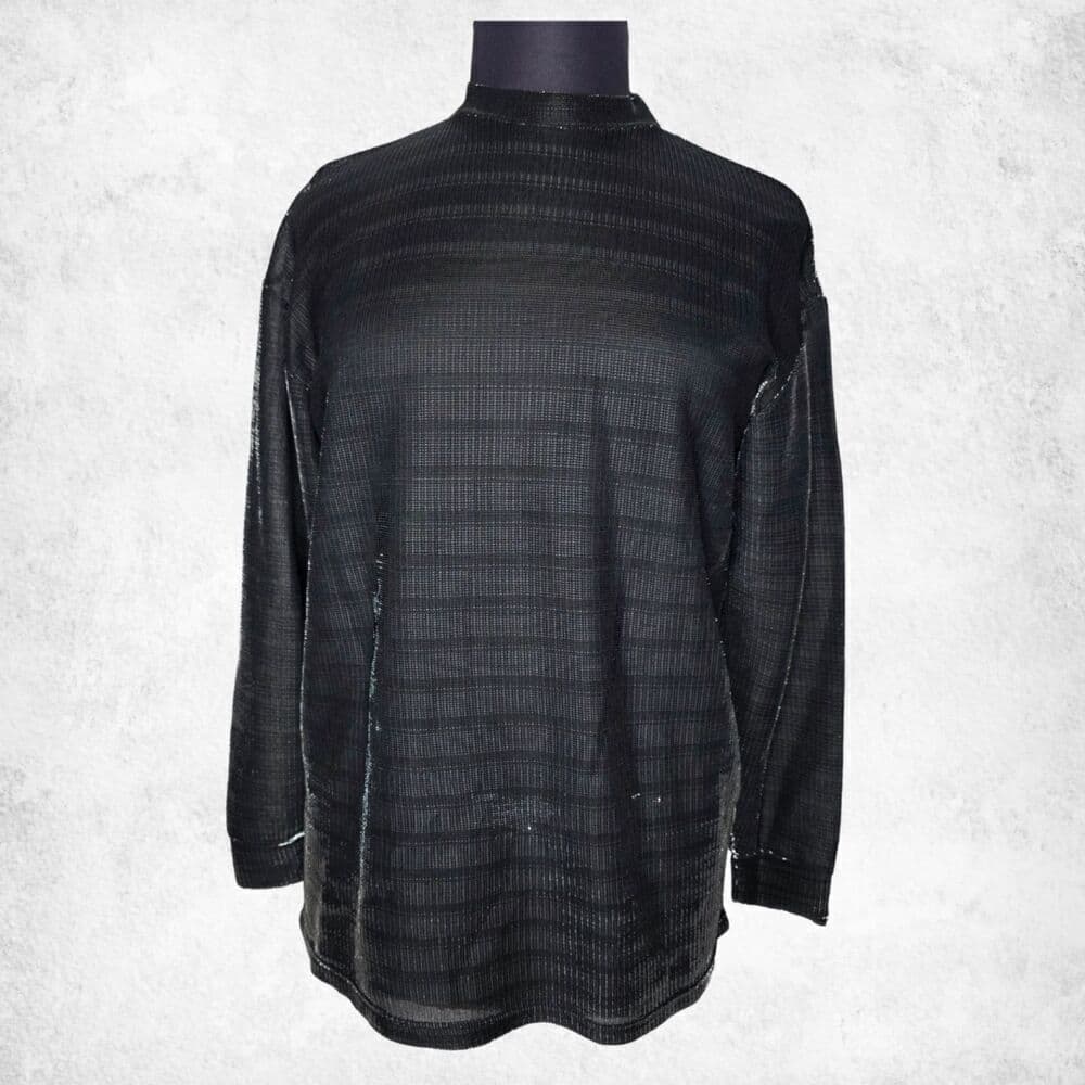 Le Monde Collection Black Metallic Lurex Top XL Vintage Long Sleeve Shimmer - Thumbnail 2