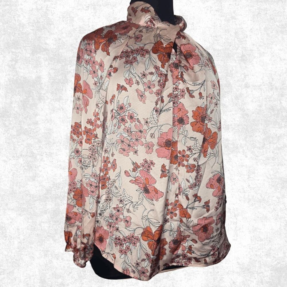 Liz Claiborne Floral Bow Neck Blouse – XL – Long Sleeve Blush Pink Top - Thumbnail 5
