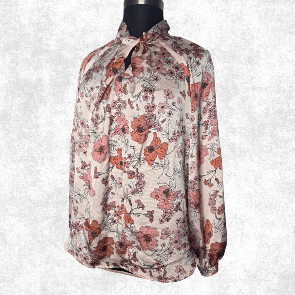 Liz Claiborne Floral Bow Neck Blouse – XL – Long Sleeve Blush Pink Top - Thumbnail 3