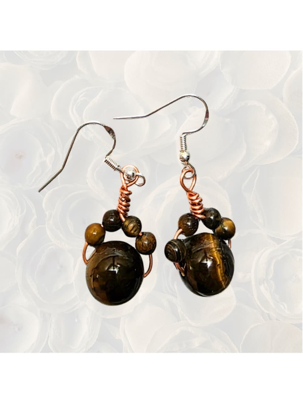 Tiger’s Eye Cat Paw Earrings, Wire Wrapped Copper Jewelry, Sterling Silver Hooks - Thumbnail 3