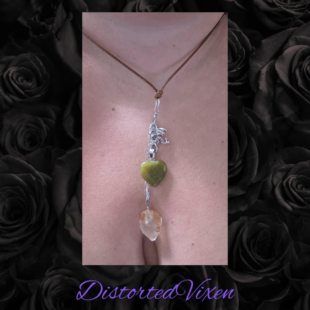 Green Aventurine & Citrine Dragon Charm Convertible Necklace | Adjustable Cord - Thumbnail 2