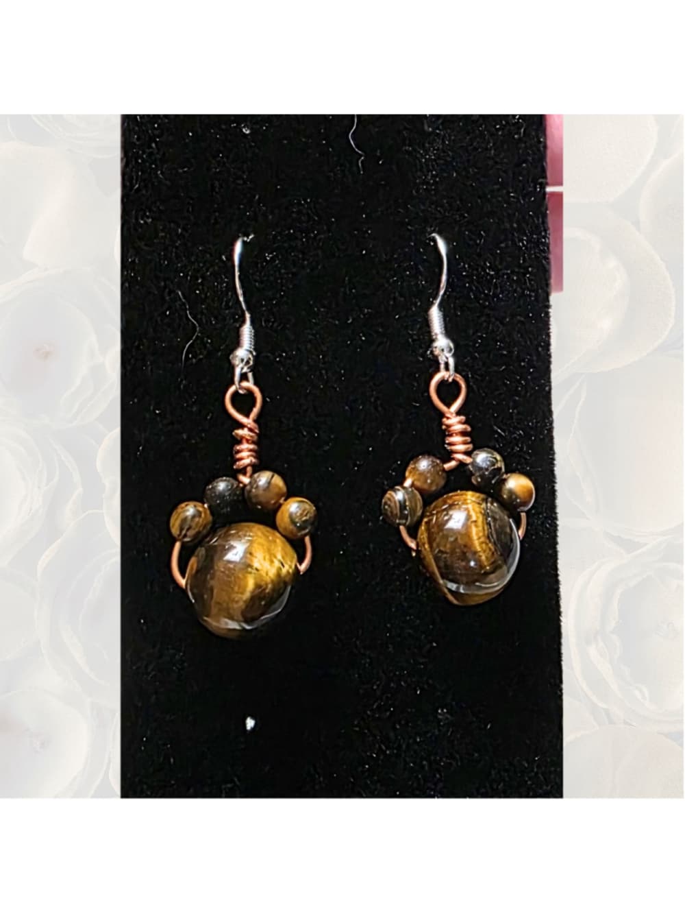 Tiger’s Eye Cat Paw Earrings, Wire Wrapped Copper Jewelry, Sterling Silver Hooks - Thumbnail 4