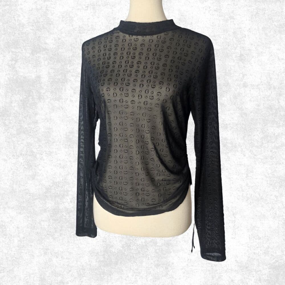 Guess Black Sheer Mesh Monogram Top – Edgy Long Sleeve Festival Layering XL - Thumbnail 7