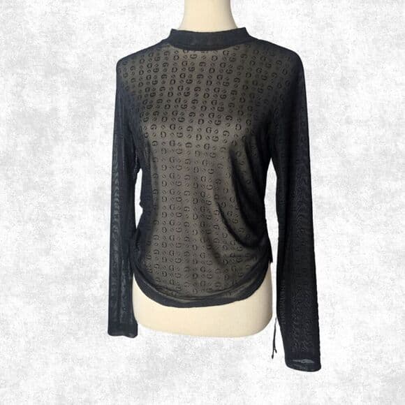Guess Black Sheer Mesh Monogram Top – Edgy Long Sleeve Festival Layering XL - Thumbnail 8
