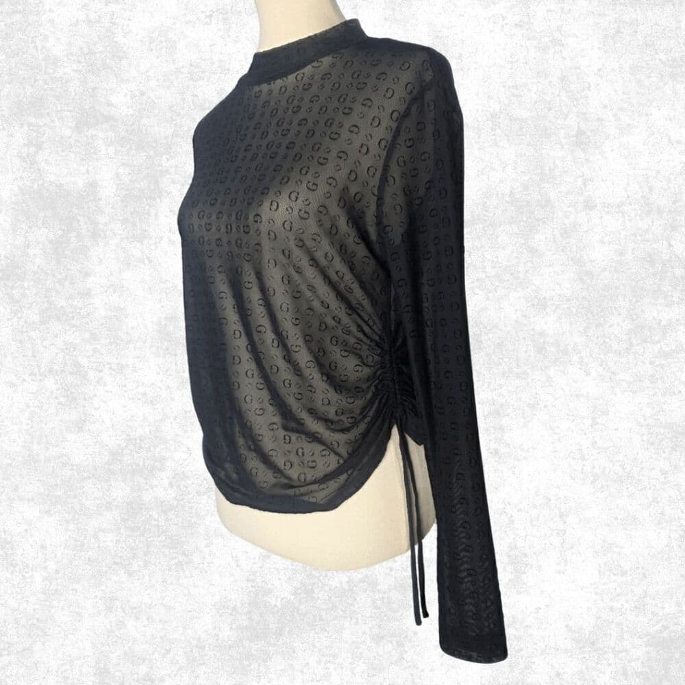 Guess Black Sheer Mesh Monogram Top – Edgy Long Sleeve Festival Layering XL - Thumbnail 4
