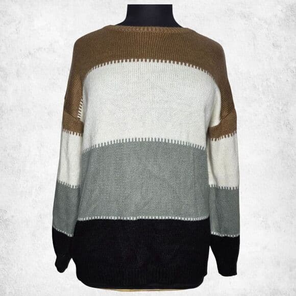 Angashion Colorblock Sweater XL – Neutral Brown Gray Black Knit Pullover - Thumbnail 8