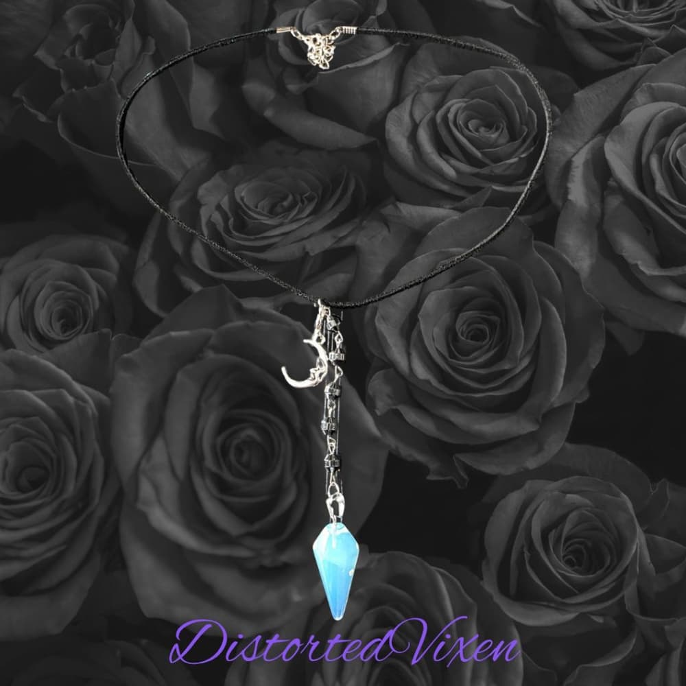 Opalite Crystal Moon Pendant Necklace with Hematite Beads | Gothic Corded Choker - Thumbnail 3