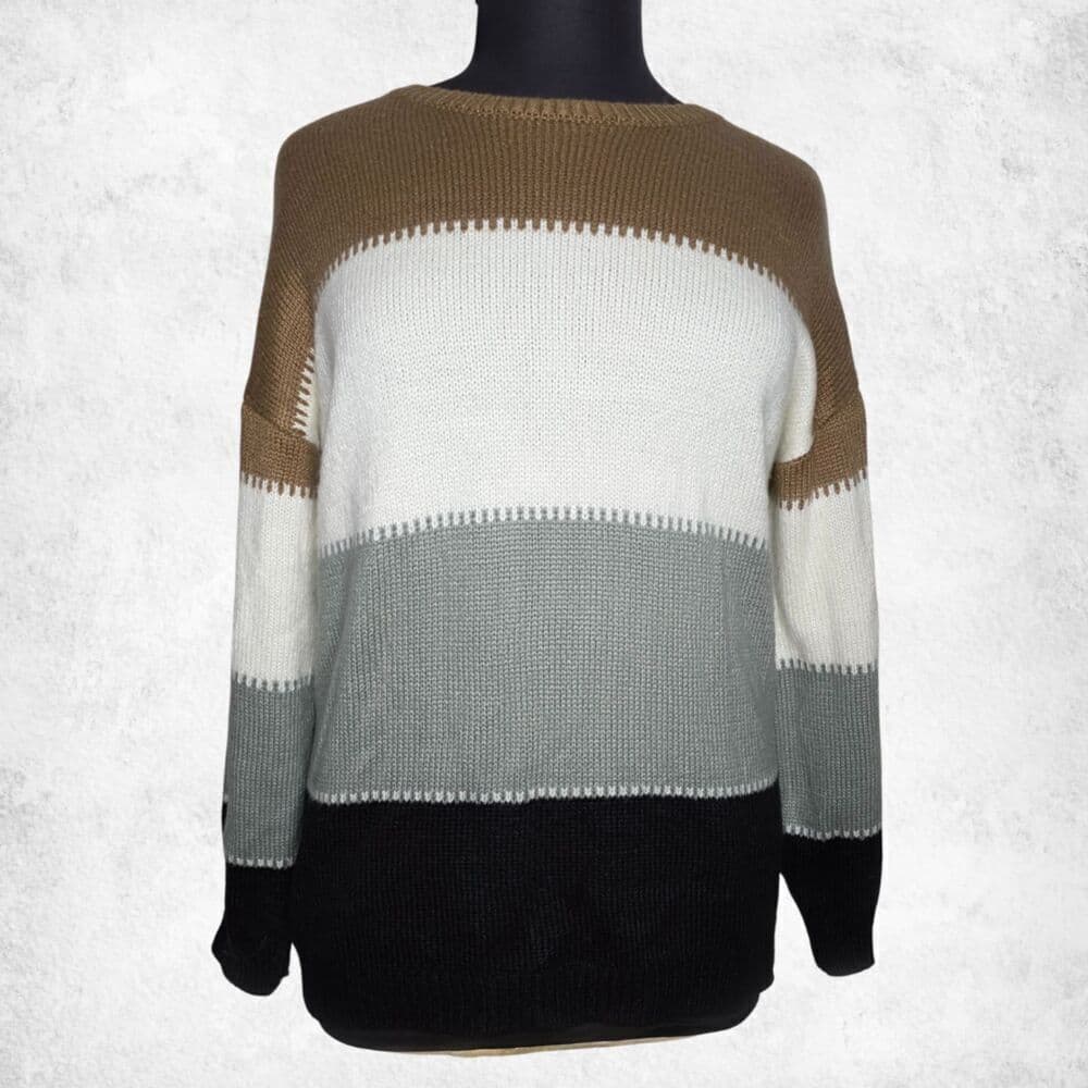 Angashion Colorblock Sweater XL – Neutral Brown Gray Black Knit Pullover - Thumbnail 4