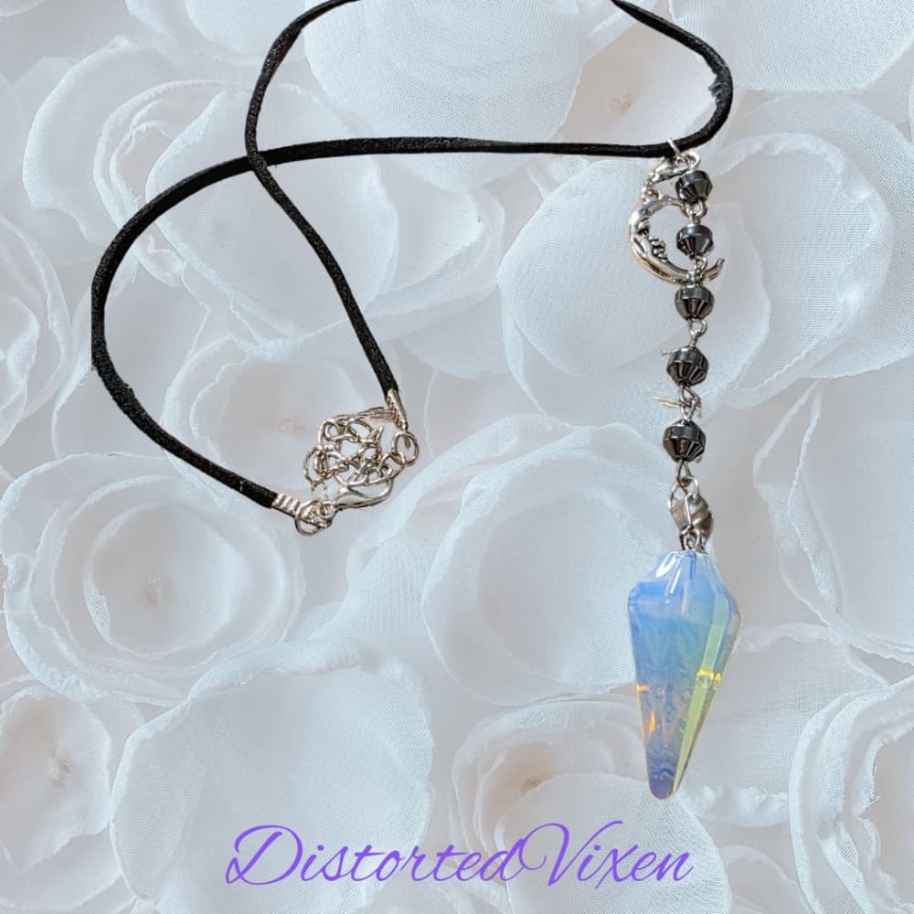 Opalite Crystal Moon Pendant Necklace with Hematite Beads | Gothic Corded Choker - Thumbnail 8