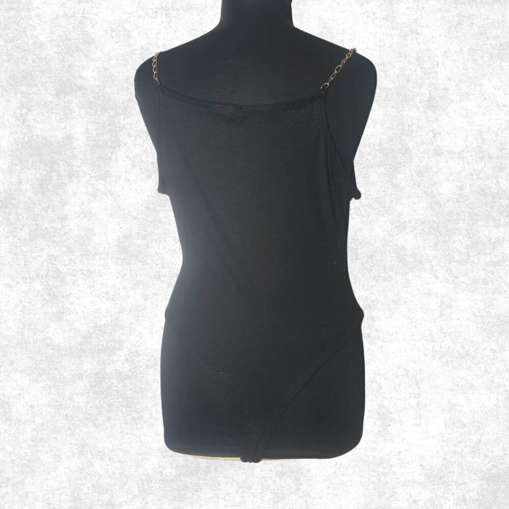 Top Fashion of NY Black Cowl Neck Chain Strap Bodysuit – Plus Size 2X - Thumbnail 2