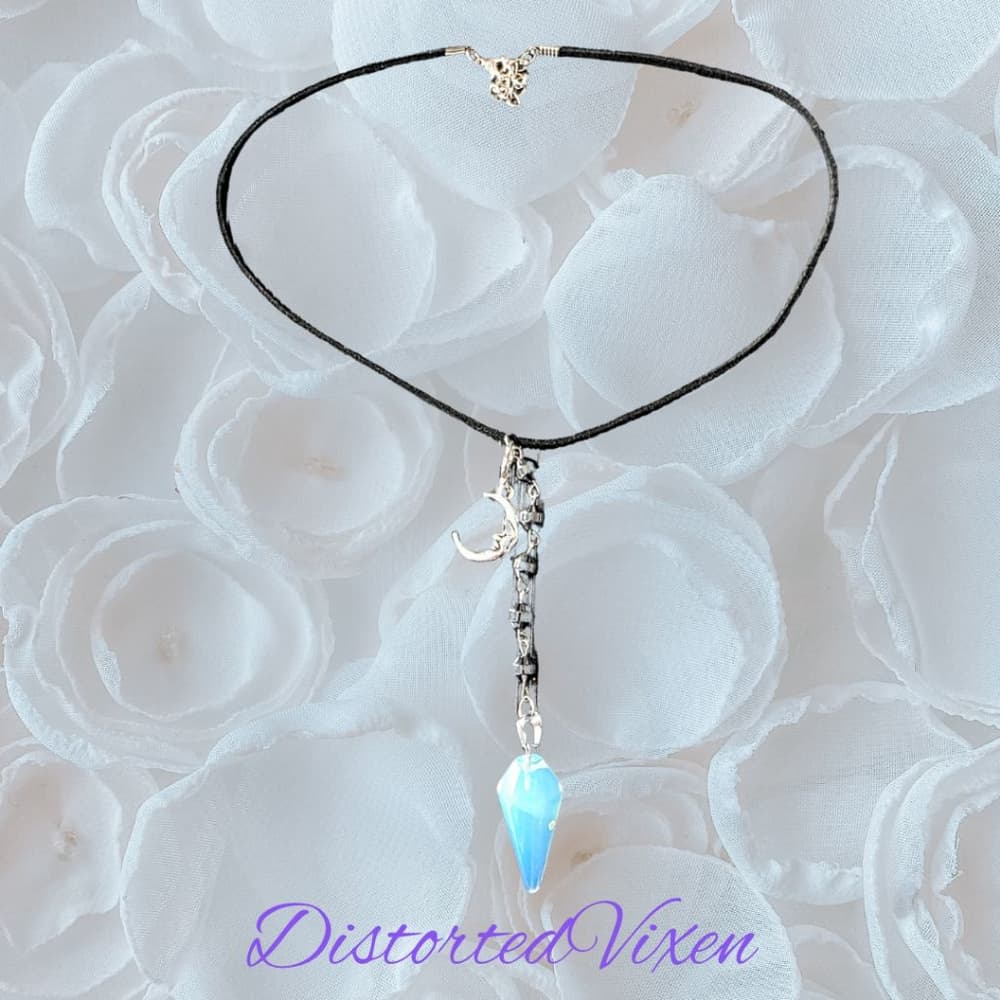 Opalite Crystal Moon Pendant Necklace with Hematite Beads | Gothic Corded Choker - Thumbnail 6