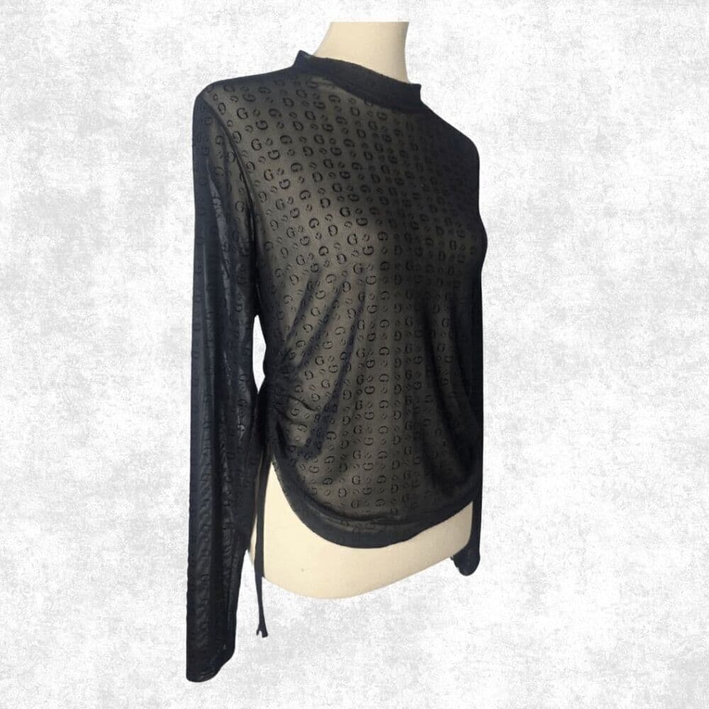 Guess Black Sheer Mesh Monogram Top – Edgy Long Sleeve Festival Layering XL - Thumbnail 2