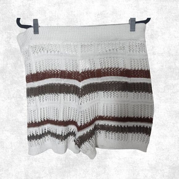 Plus Size 3X Knit Lounge Shorts – Cream Rust Brown Striped Drawstring Boho Beach - Thumbnail 5